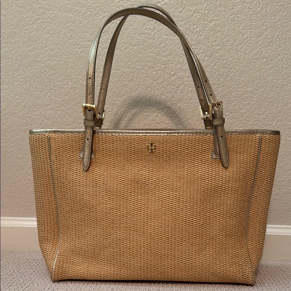 Tory Burch Tan Tote with Structured Design and Brass Hardware